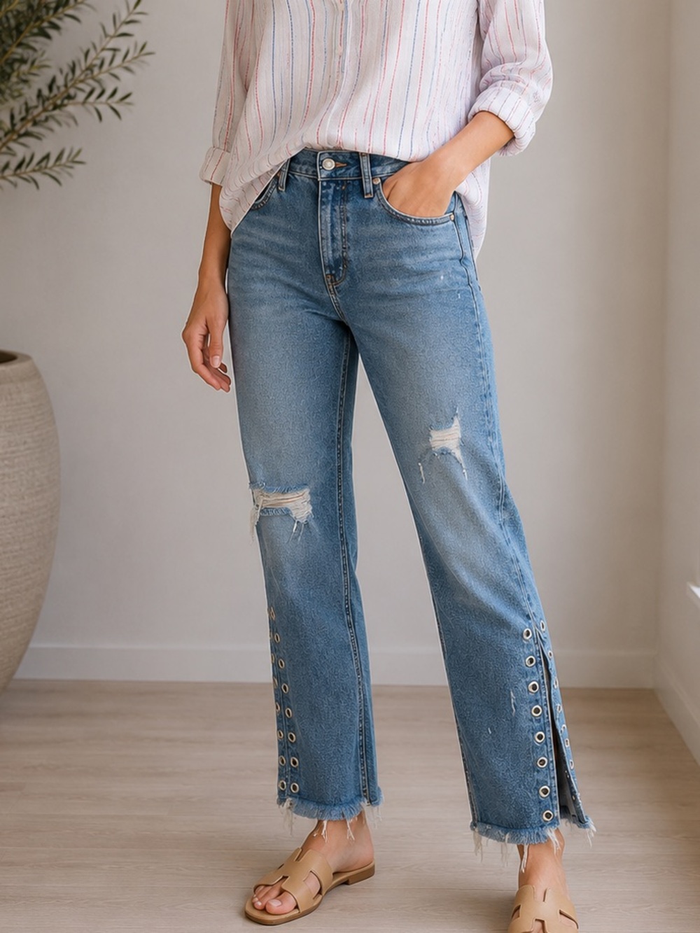 Pilcro and the Letterpresscmm Stet Jeans Grommet Lace-Up Raw Hem Distressed but